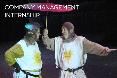 Company Management Internship - scene from PacRep's 2012 Spamalot featuring D.Scott McQuiston as King Arthur and Tim Hart as Patsy in "Always Look on the Bright Side of Life" number.